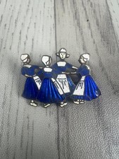 Vintage Enamel Brooch/Pin/Badge - Dutch - Dancing Ladies - Blue & White