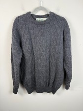 Vintage Aran Crafts Sweater Grey Irish Wool Cable Knit Fisherman Large