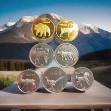 Bear,Wolf, Cheetah,Horse,Fallow,Deer,Pheasant,Mountain,goat.Coin.Set of  coins.