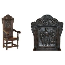 IMPORTANT ANTIQUE 1615 DATED HAND CARVED RICHARD THE LIONHEART THRONE ARMCHAIR