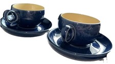 Vintage Denby Cottage Marmite Cups & Saucers – Speckled Blue & Yellow Stoneware