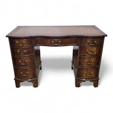 Serpentine Pedestal writing desk - Antique style 9 drawers - tan leather top