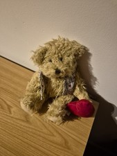 Vintage-Style Teddy Bear with Red Heart – Shabby Chic Plush, Valentine Gift,