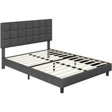 4FT6/5FT Upholstered Bed Frame with Adjustable Tufted Linen Square Headboard