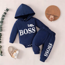 Newborn Baby Boys "Little Boss" Hooded Romper Pants Outfit Tracksuit Clothes Set