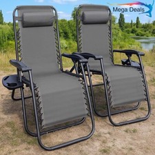 2x Grey Zero Gravity Chair Reclining Garden Patio Foldable SunLounger CupHolder.