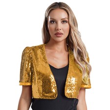 Women Glitter Sequin Short Sleeve Open Front Crop Bolero Shrug Cardigan Jacket