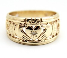 9ct Gold Claddagh Ring Diamond Set Heart Full Band UK Hallmarked
