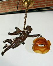 Antique zamac Metal bronze patina cherub putti pendant lamp chandelier 
