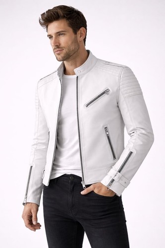 Men white leather biker - men’s,