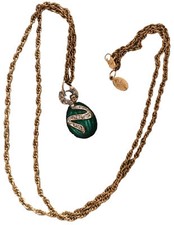 Russian Egg With Serpent Snake Necklace 26” Gold Green Cloisonné Joan Rivers EUC