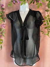 Zara sheer black with white spots pussy bow top size L