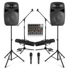 Complete Active PA System Package - 15" Speakers with Mixer, Microphone & Stands