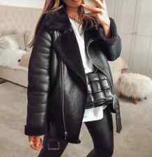 ZARA BLACK FAUX LEATHER SHEARLING FUR DOUBLE FACED BIKER JACKET AVIATOR COAT NEW