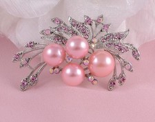 VINTAGE LOOK  LILAC, PINK OR RED FAUX PEARL BOW & RHINESTONE CRYSTAL BROOCH PIN