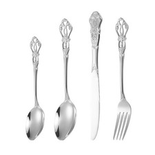 16Pcs Vintage Cutlery Sets Stainless Steel Embossed Design Kitchen Dinnerware