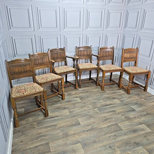 Antique Set 6 Old Charm Oak Dining Chairs – 2 Carvers  – Jacobean Wood Bros.