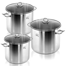 Large Deep Stainless Steel Cooking Stock Pot Casserole Glass Lid Induction Base