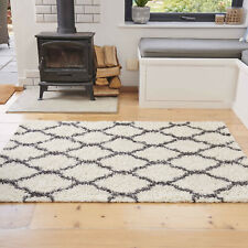 Cream & Grey Shaggy Rugs Deep 3cm Shaggy Runner Moroccan Trellis Living Room Rug