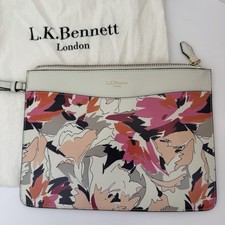 LK Bennett Leather Pouch Clutch Bag White Bright Pink & Orange Floral Pattern