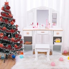 Wooden Kids Dressing Table, Girls Vanity Set w/ Mirror and Stool, White