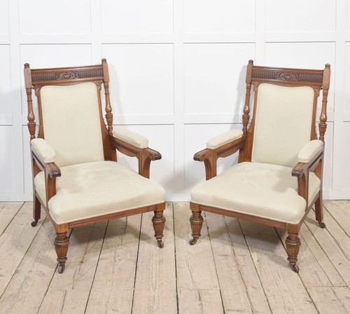 Pair walnut upholstered - of,