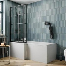 L Shaped Shower Bath 1700x855mm, Black Grid Screen & Bath Panel LH Bathroom