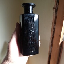 BLACKGLASS FRASER 1880s HAND BLOWN MERCURY SYPHILIS MEDICINE BOTTLE 6"TALL