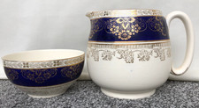 Antique Crown Ducal Pottery Cobalt Blue / Gilt Large Milk Jug & Sugar Bowl