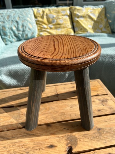 Old pitch pine milking stool - old,