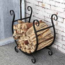 Black Metal Scrollwork Firewood Rack, Freestanding Fireside Storage Log Rack