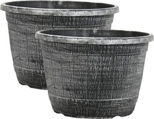 2 x 26 Litre Silver Wooden Barrel Large Plant Pot Outdoor Garden Plastic Planter