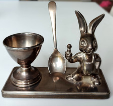 Seba Silver Plated Christening Gift Egg Cup And Spoon Set On A Stand With Rabbit