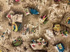 Vintage Fabric Remnant Material Painterly Artist Design Sewing Brown Blue