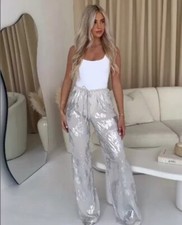 ZARA BNWT 2023. SILVER FLOWY METALLIC PALAZZO PANTS MID RISE. 7102/411 SIZE M