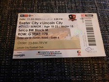 Exeter City V Lincoln City Football Ticket 2022/23