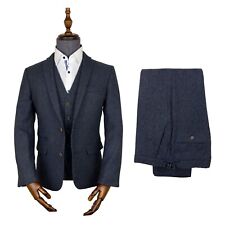 Tweed Suit Navy Blue 3 Piece Donegal Jacket Trouser Waistcoat Wool Wedding Mens