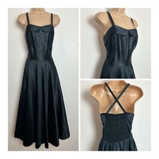 Vintage 1980s Black Watermark Pattern Sateen Xmas Party Prom Evening Dress 14