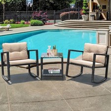 COSTWAY 3 Pcs Outdoor Rocking Bistro Set PE Rattan Rocking Chair Set w/Cushion