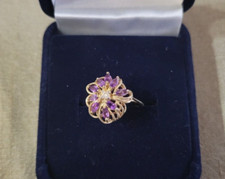 Vintage Genuine Amethyst Cluster Diamond Accent 10K Gold Ring Avon 2007 Size 6