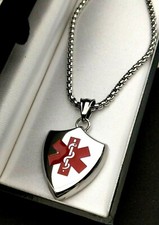 Large Steel SOS Medical Alert Shield Talisman Engraved Necklace Gift For Dad