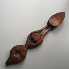 Folk Art Welsh Love Spoon wooden hand carved 24cm hearts wreath Wales dark wood