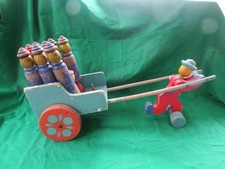 Antique wooden skittle set - unusual rickshaw cart with Chinese figure skittles