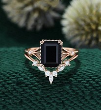 Art Deco Emerald Cut Diamond Black Onyx 14k Rose Gold FN Wedding Ring Set Women