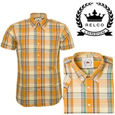 Relco Men's Orange Tartan Check Short Sleeve Button Down Collar Mod  Shirt