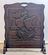 Antique Carved Oak Fire Screen & Folding Occasional Table Wot Not 1920's English