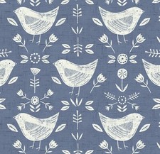 Narvik Blue Cotton Scandi Birds PVC Fabric WIPE CLEAN Tablecloth Oilcloth