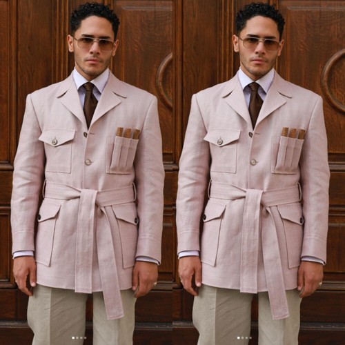 Pink linen men safari jackets - linen,