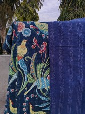 Indian Handmade Vintage Kantha Bird Print Quilt Blanket Queen/Twin Size Cotton