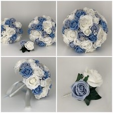 Wedding bouquet Flowers Ivory Rose Bride Bridesmaid Flower Girl wand blue brooch